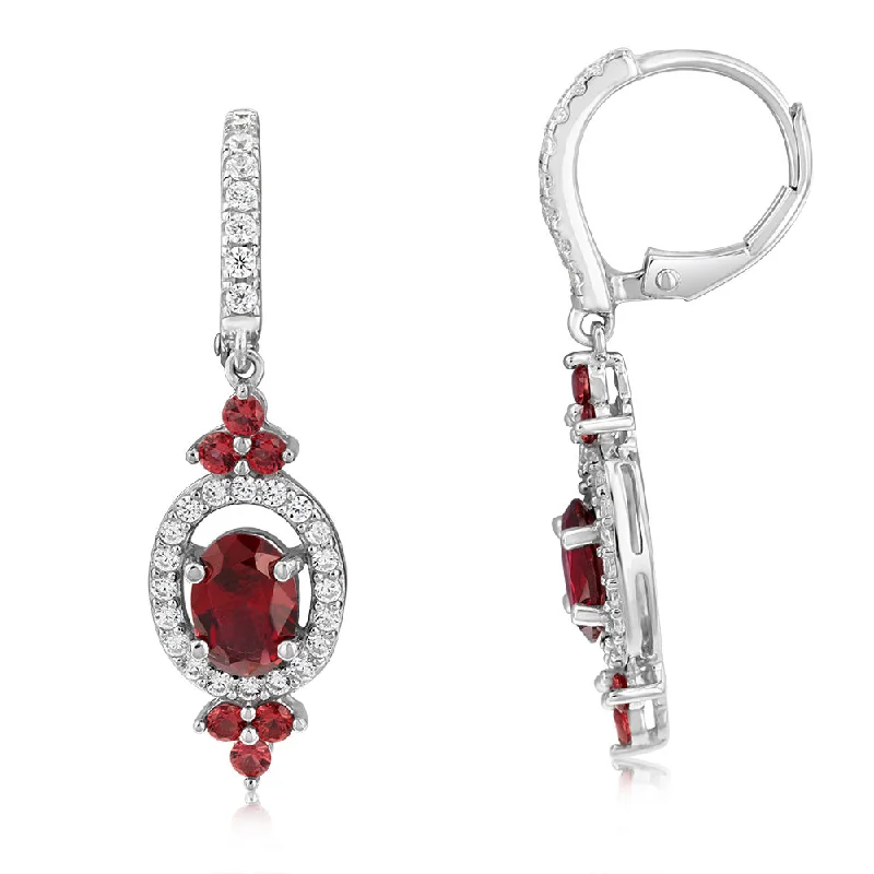 Silver and Pearl Earrings-Sterling Silver Rhodium Plated Red Stone White Cubic Zirconia Drop Earrings