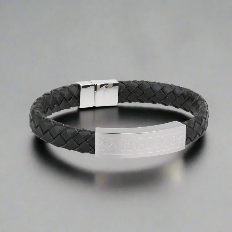 Custom Silver Bracelet with Simple Bar Design-Mens Wide Celtic Leather Bracelet