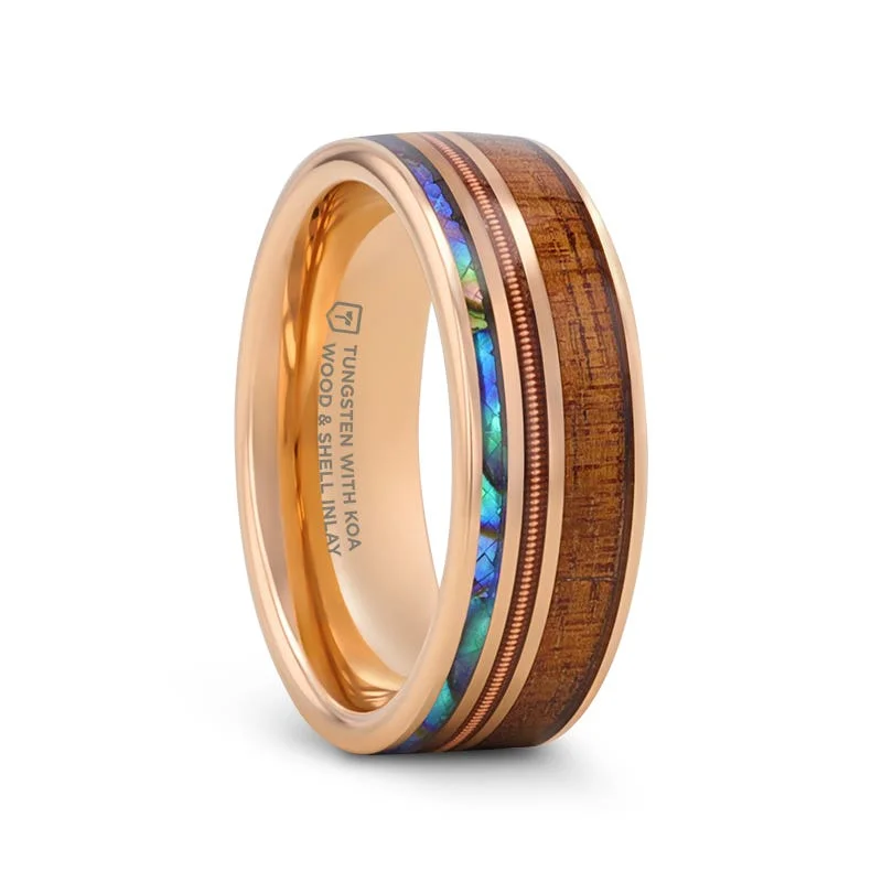 Trendy Silver Ring for Women with Custom Design-Thorsten MOANA Smoked Rose Gold Tungsten Ring with Hawaiian Koa Wood Abalone & Guitar String - 8mm