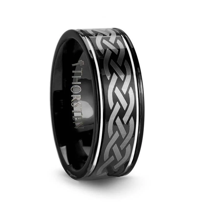 Simple Diamond Engagement Ring with Split Shank-Thorsten KILDARE Celtic Engraved Design Black Tungsten Wedding Band - 8mm