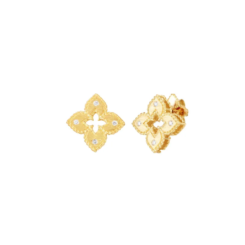 Trendy Gold Earrings for Casual Style-Roberto Coin 18K Yellow Gold Extra-Small Petite Venetian Princess Satin & Diamond Accent Flower Earrings