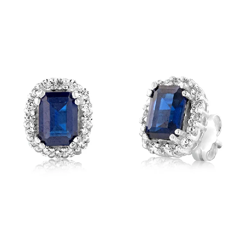 Colorful Gemstone Earrings-Sterling Silver Blue & White Zirconia Stud Earrings