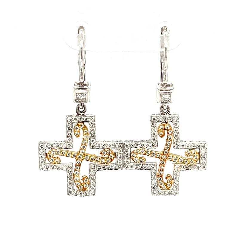 Stunning Silver Earrings for Evening Wear-Pre-Owned 18k Two Tone Cross Fashion Dangle Earrings by Designer Dev Valencia