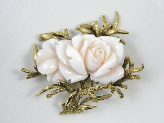 Statement Brooch For Casual Wear-1900s Carved Angel Skin Coral Rose Brooch