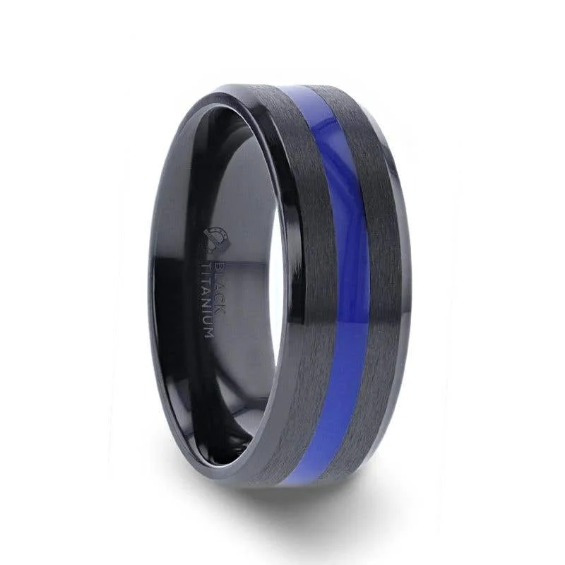 Trendy Stackable Rings for Women-Thorsten JACKSEN Black Titanium Men's Wedding Band Beveled Black Titanium With Blue Stripe Inlaid Brushed Finish Center And Polished Beveled Edges - 8mm