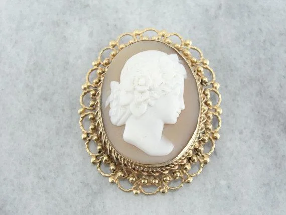 Retro Flower Brooch For Jackets-Vintage Natural Shell Cameo Gold Filigree Brooch