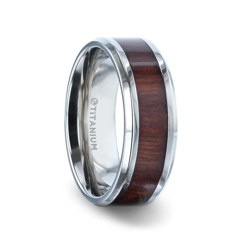 Custom Engagement Ring with Oval Diamond-Thorsten SEQUOIA Red Wood Inlaid Titanium Flat Polished Finish Men's Wedding Ring With Beveled Edges - 8mm