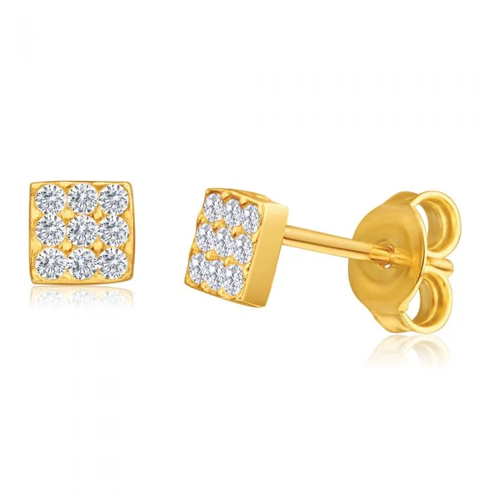 Handmade Earrings with Gemstones-9ct Yellow Gold Silver Filled Cubic Zirconia Square Shape Stud Earrings