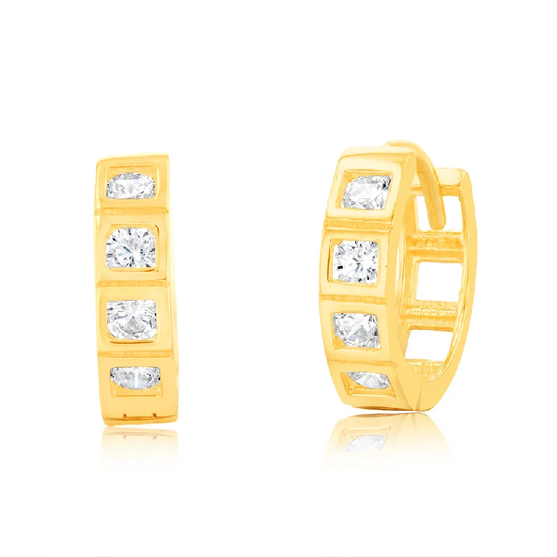 Modern Earrings with Geometric Shapes-9ct Yellow Gold 10mm Cubic Zirconia Huggie Earrings