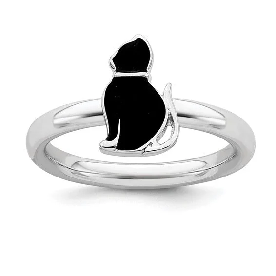 Personalized Silver Ring with Birthstone for Bridesmaids-Sterling Silver Stackable Expressions Black Enameled Cat Ring