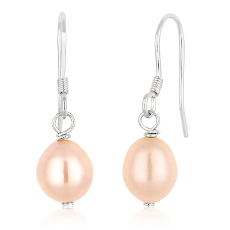 Bright Gold Earrings for Women-Pink 6x8mm Freshwater Pearl Drop Earrings