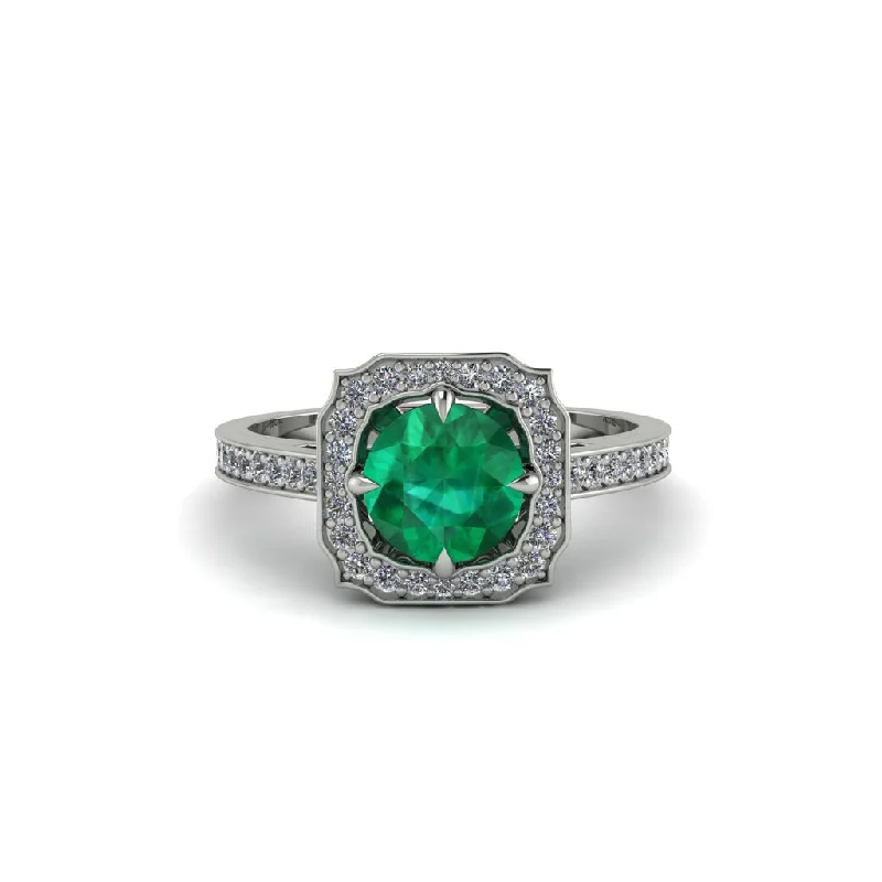 Personalized Wedding Ring Set with Couple’s Names-Emerald Cathedral Halo Engagement Ring - Luciana No. 6