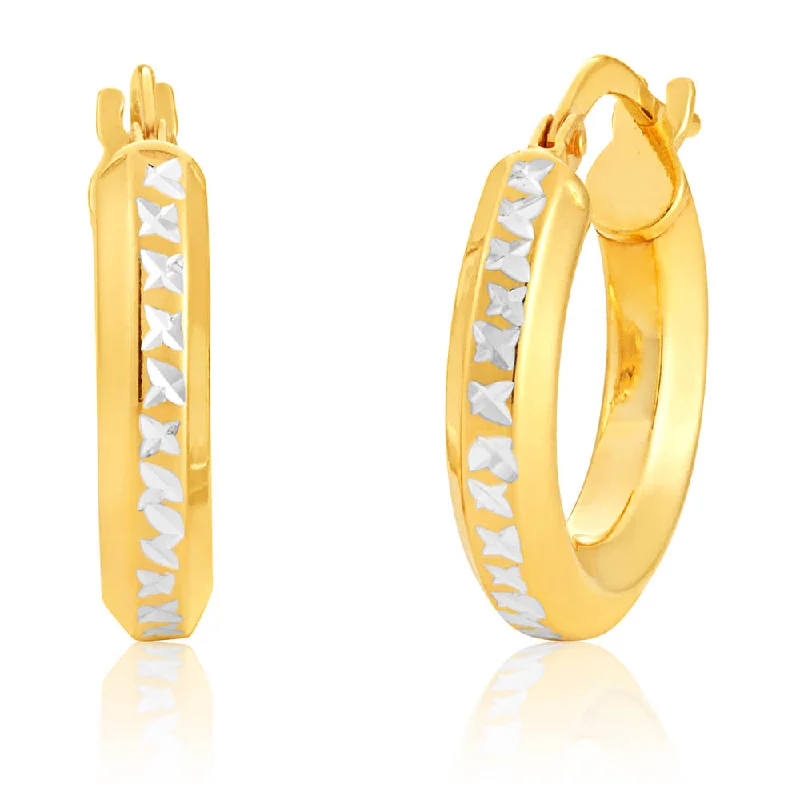 Elegant Wedding Earrings for Bridesmaids-9ct Yellow Gold Silver Filled Hoop Earrings with diamond cut cross pattern feature