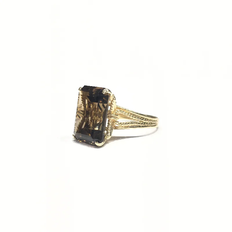 Simple Gold Band Ring with Amethyst Accent-Smoky Topaz Statement Ring (14K)