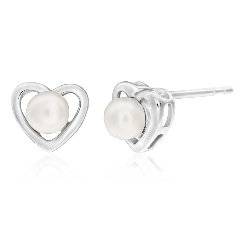 Dainty Silver Earrings for Women-Sterling Silver White Freshwater Pearl Heart Stud Earrings