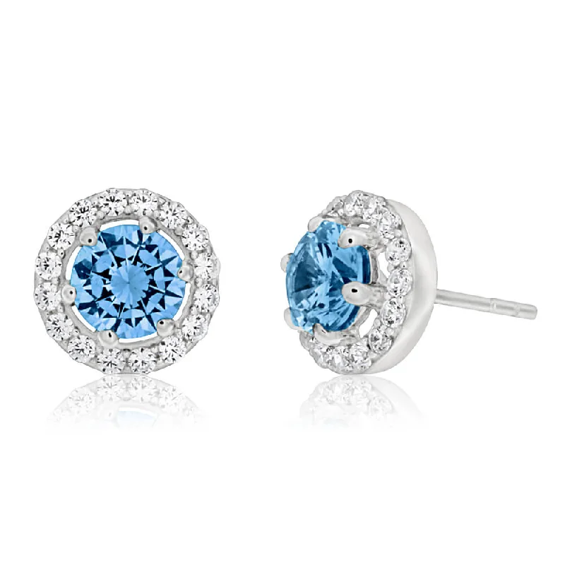 Luxury Diamond Stud Earrings-Sterling Silver Aqua Cubic Zirconia + White Cubic Zirconia Stud Earrings