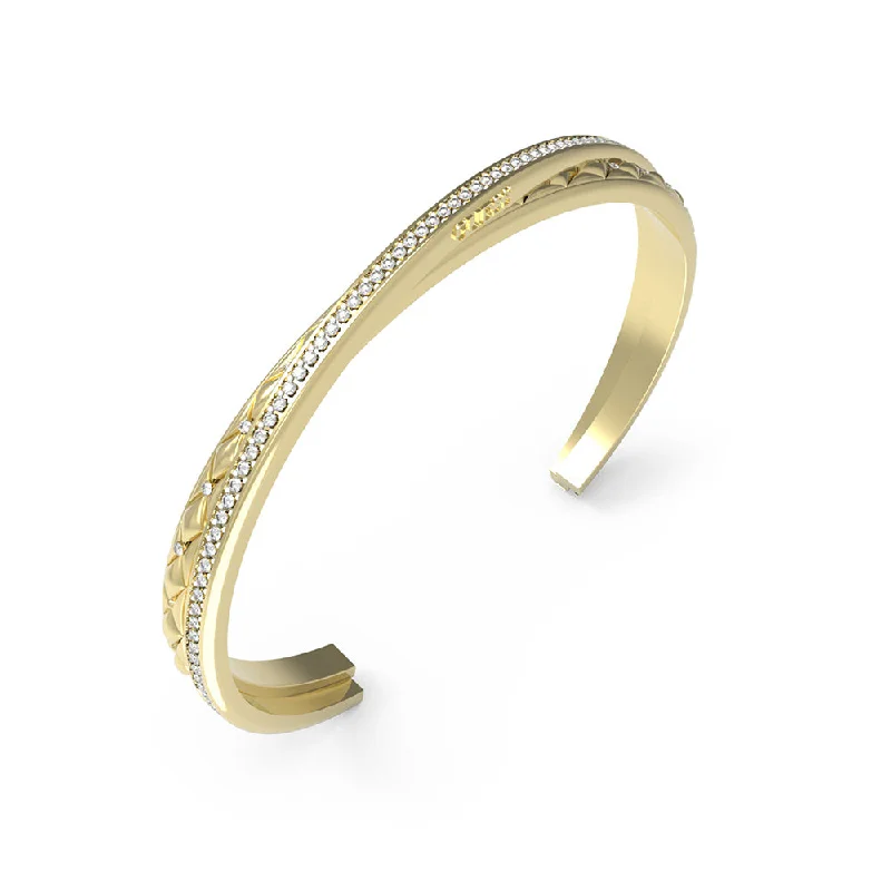 Luxury Gold Bangles with Moonstone Inlays-Guess Gold Plated Stainless Steel Matelasse And Pave Open Bangle