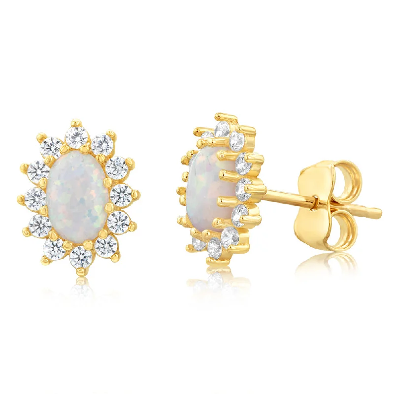 Chunky Silver Stud Earrings-9ct Yellow Gold Opal And Cubic Zirconia Oval Stud Earrings