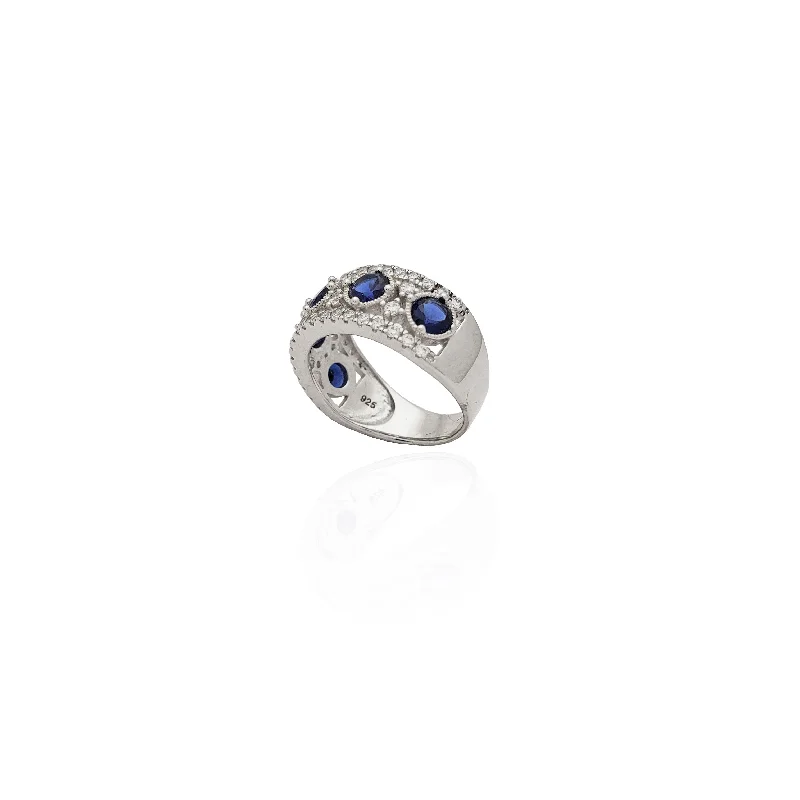 Unique Engagement Ring with Sapphire and Diamond-Five Blue-Stone CZ Milgrain Ring (Silver)