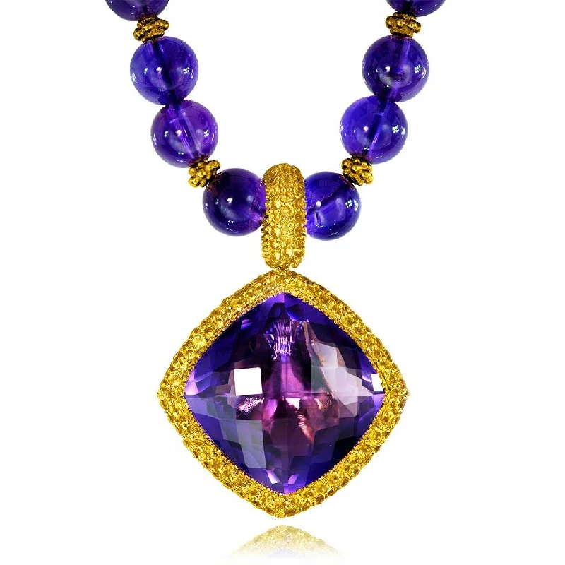 Vintage Crystal Necklace for Special Events-Gold Royal Pendant/Necklace with Amethyst & Sapphires