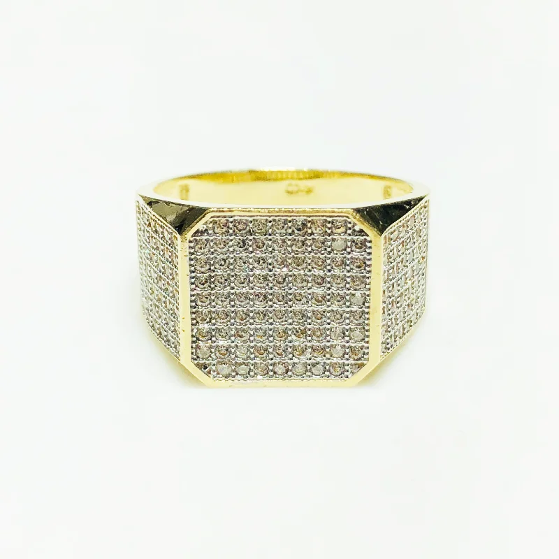 Simple Custom Gold Ring with Family Crest-Iced Out Blunt Square CZ Ring 14K Yellow Gold