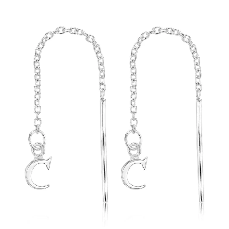 Statement Earrings with Diamonds-Sterling Silver Initial C Threader Drop Earrings