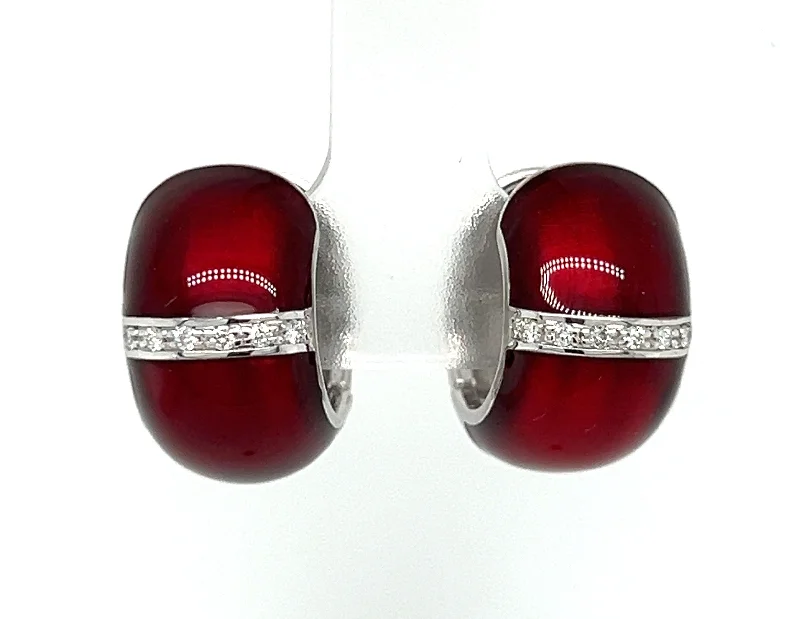 Handmade Earrings with Gemstones-Sterling Silver Diamond & Ruby Enamal Huggie Earrings by SOHO