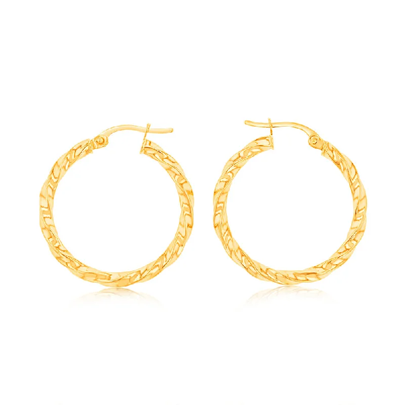 Dazzling Crystal Earrings for Brides-9ct Yellow Gold twist 20mm Hoops Earrings