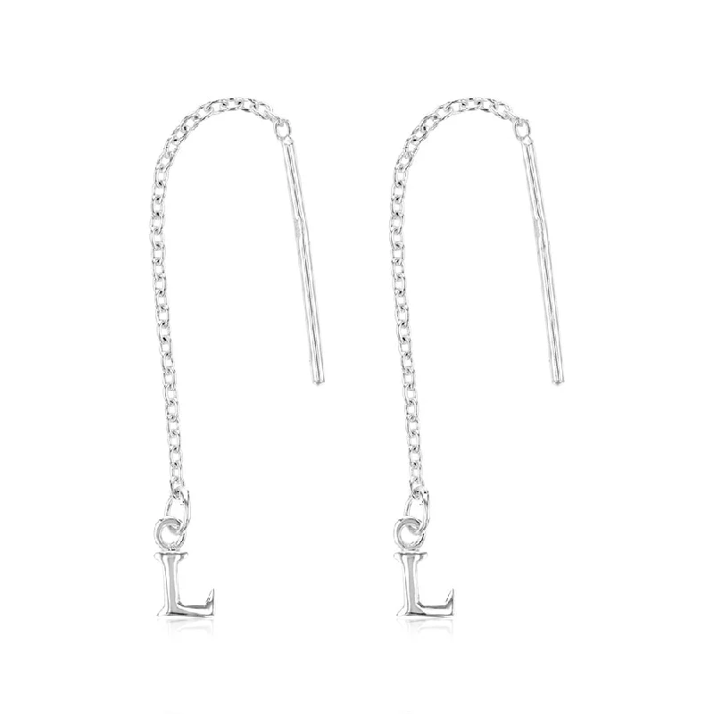 Large Hoop Earrings for Casual Wear-Sterling Silver Initial L Threader Drop Earrings