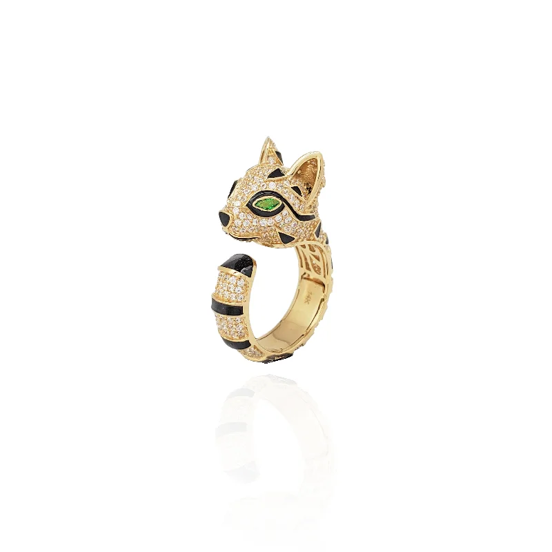 Classic Gold Ring with Emerald Cut Diamond-Speckled Ocelot Ring (14K)