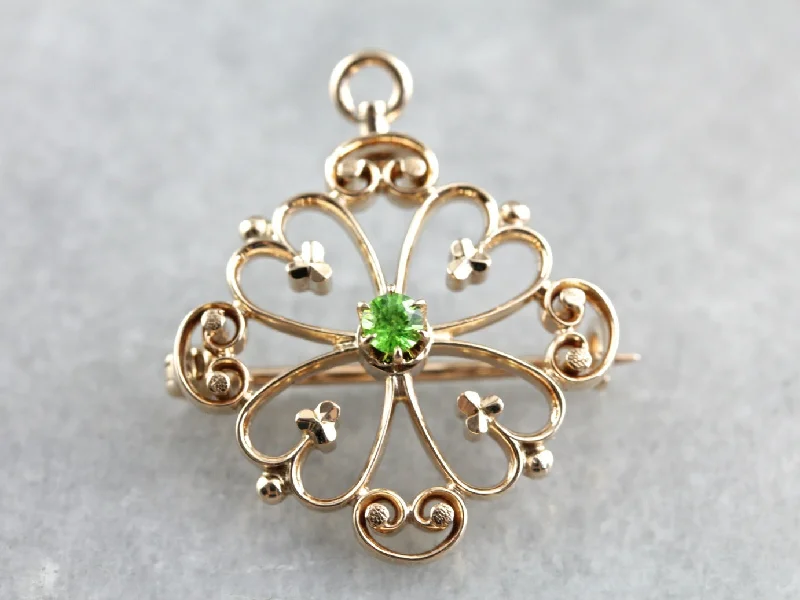 Classic Brooch For Formal Wear-Vintage Demantoid Garnet Ornate Gold Brooch or Pendant