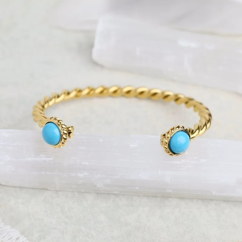 Simple Gold Bangles with Modern Engraving-Pipa Blue Two Stone Bangle Cuff Bracelet