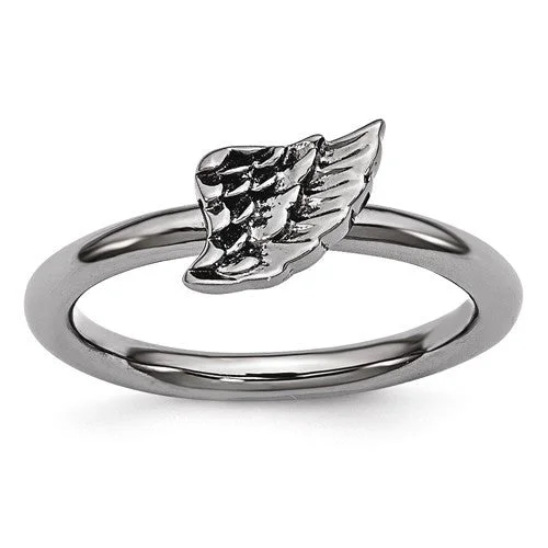 Classic Men’s Engagement Ring with Custom Design-Sterling Silver Stackable Expressions Black Plated Angel Wing Ring