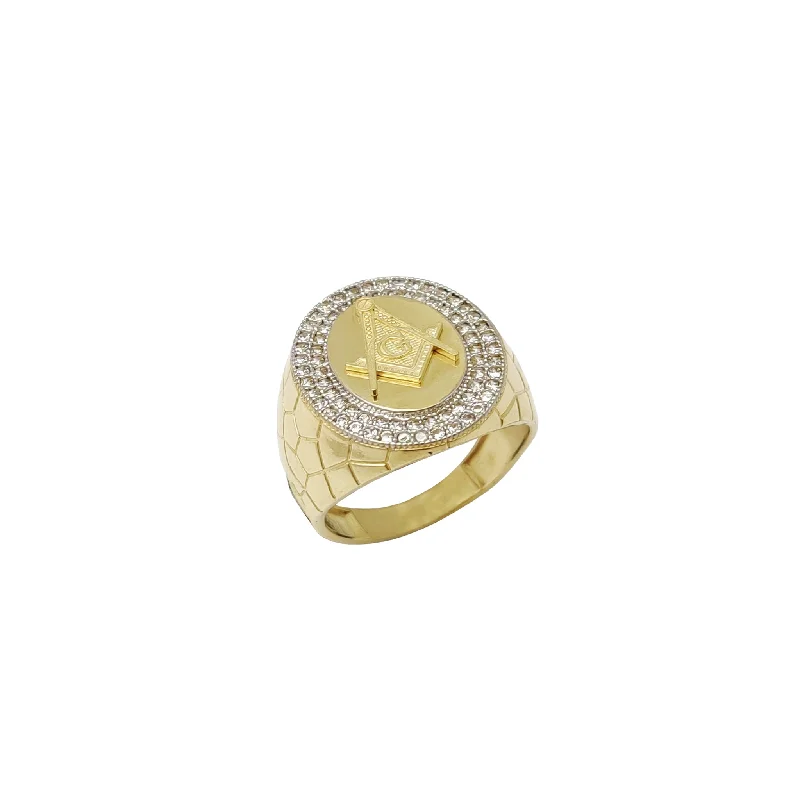 Classic Diamond Ring with Halo Setting-Halo Masonic Cracked Texture Ring (14K)