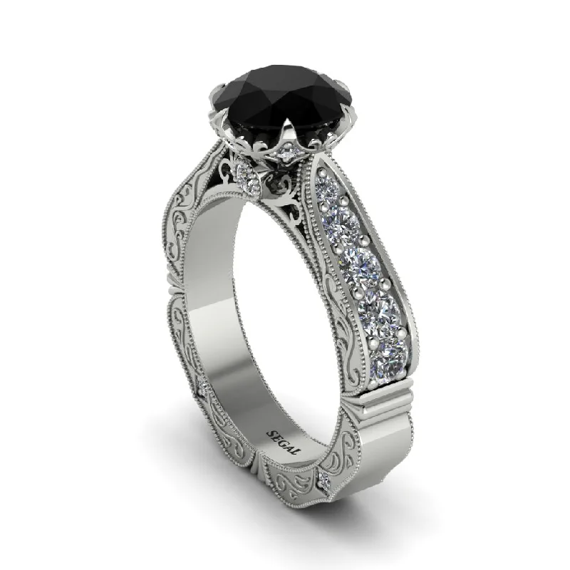 Personalized Couples’ Ring with Heart-shaped Stone-Black Diamond Victorian Scroll Engagement Ring - Kehlani No. 9