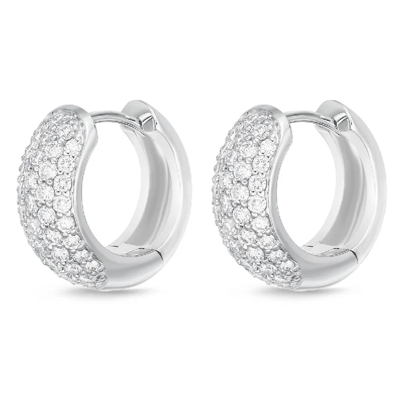 Large Gold Stud Earrings-Memoire 18k White Gold 13MM Pave Diamond Huggie Hoop Earrings