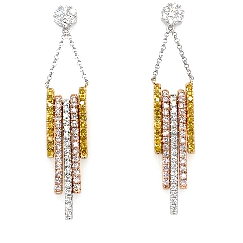 Elegant Swarovski Earrings-18k Tri Color Fancy Diamond Bar Dangle Earrings