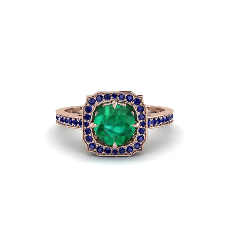 Custom Wedding Ring Set with Unique Design-Emerald Cathedral Halo Engagement Ring - Luciana No. 65