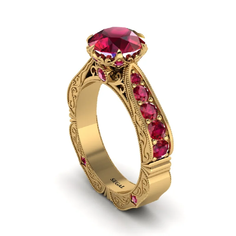 Classic Rose Gold Ring with Round Diamond-Ruby Victorian Scroll Engagement Ring - Kehlani No. 55