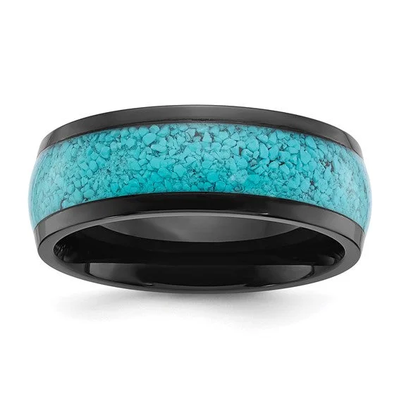 Trendy Customizable Ring for Special Anniversaries-Black Titanium Turquoise Inlay 8mm Band