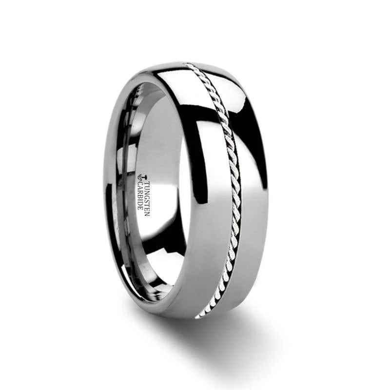 Trendy Customizable Ring for Special Anniversaries-Thorsten PHYTHEON Braided Platinum Inlay Domed Tungsten Ring - 6mm or 8mm