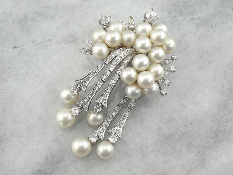 Brooch For Casual Jackets-Edwardian Diamond and Pearl Brooch En Pendant, White Gold