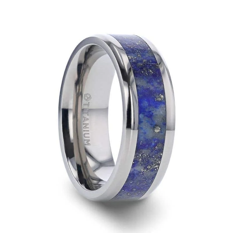 Trendy Stackable Gold Rings for Everyday Wear-Thorsten MALONE Titanium Men's Wedding Ring with Blue Lapis Inlay & Beveled Edges - 8mm