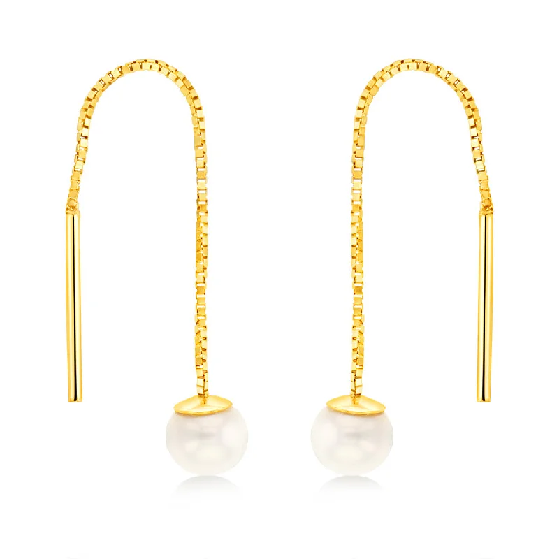 Elegant Long Earrings for Formal Wear-9ct Yellow Gold Fresh Water Pearl Box Chain Threader Earrings