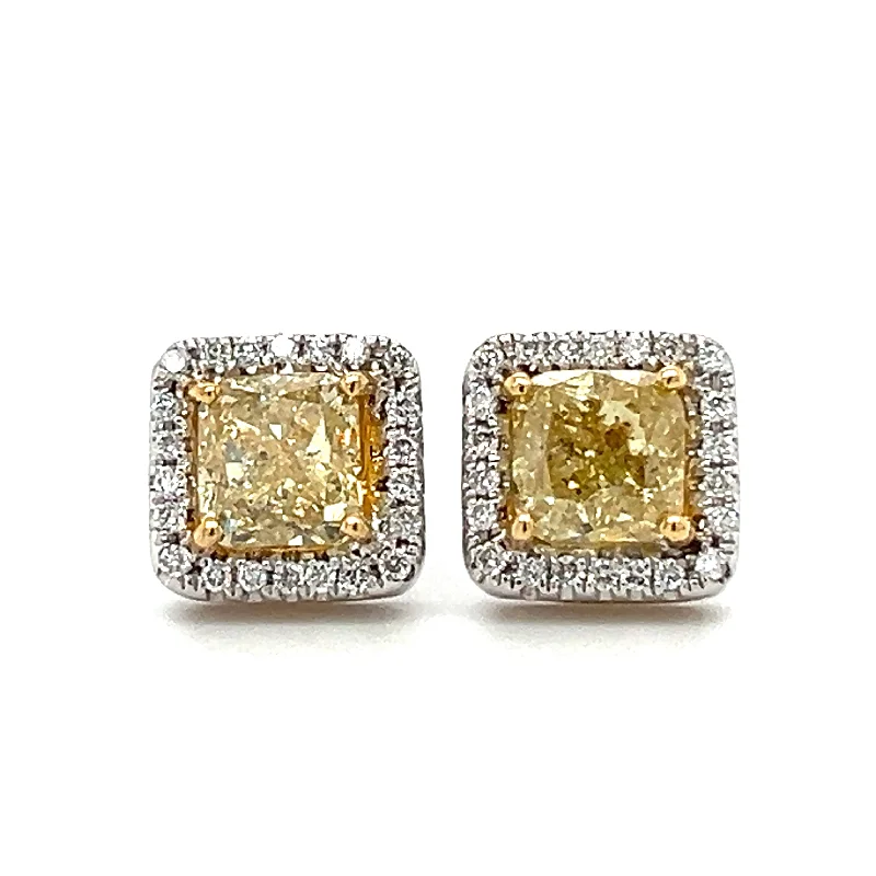 Large Dangle Earrings with Crystals-18k White/Yellow Gold Fancy Yellow Cushion Diamond Halo Stud Earrings