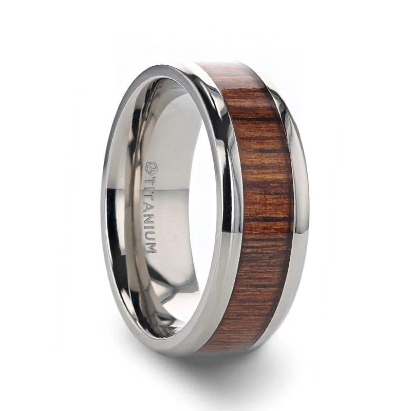 Customizable Platinum Ring with Wedding Date Engraving-Thorsten KOAN Titanium Polished Finish Koa Wood Inlaid Men’s Wedding Ring with Beveled Edges - 6mm & 8mm