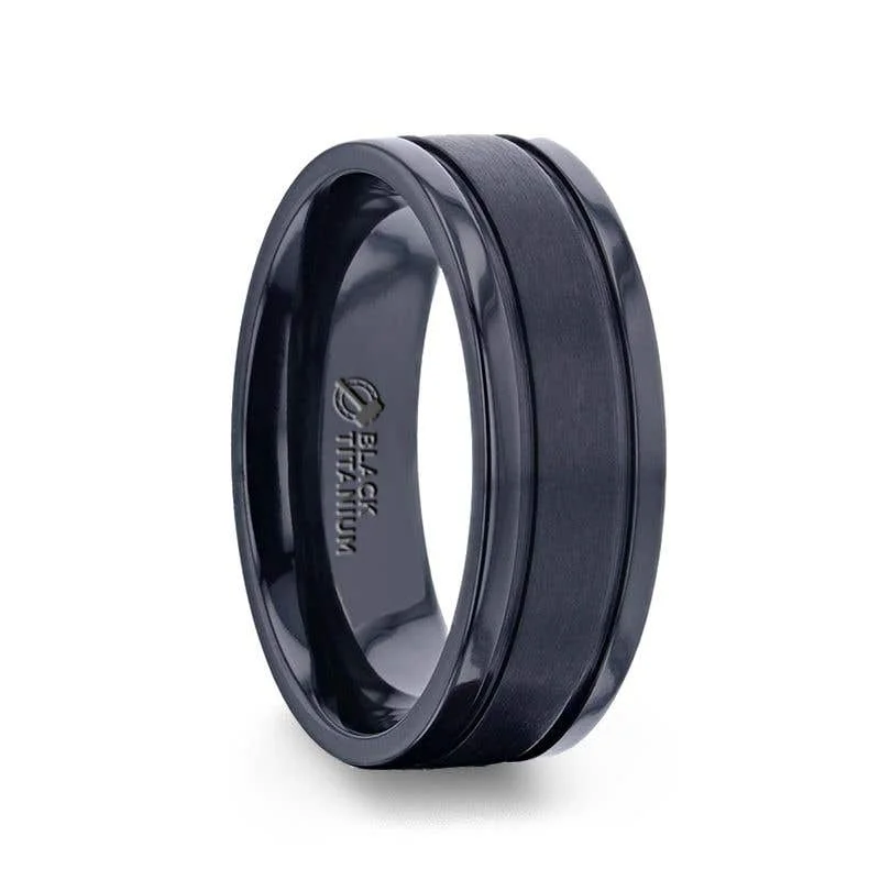 Trendy Silver Ring for Women with Custom Design-Thorsten WOLVERINE Brushed Center Black Titanium Men's Wedding Band With Polished Dual Offset Grooves - 8mm