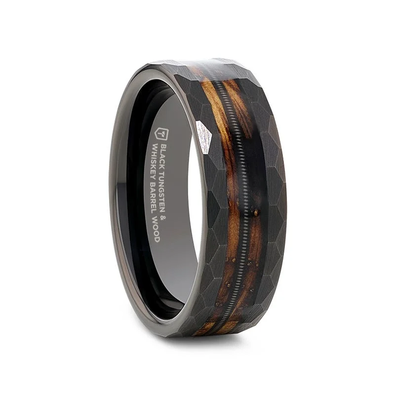 Simple Engagement Ring with Diamond Halo-Thorsten RIFF Black Tungsten Ring with Charred Whiskey Barrel and Guitar String - 8mm