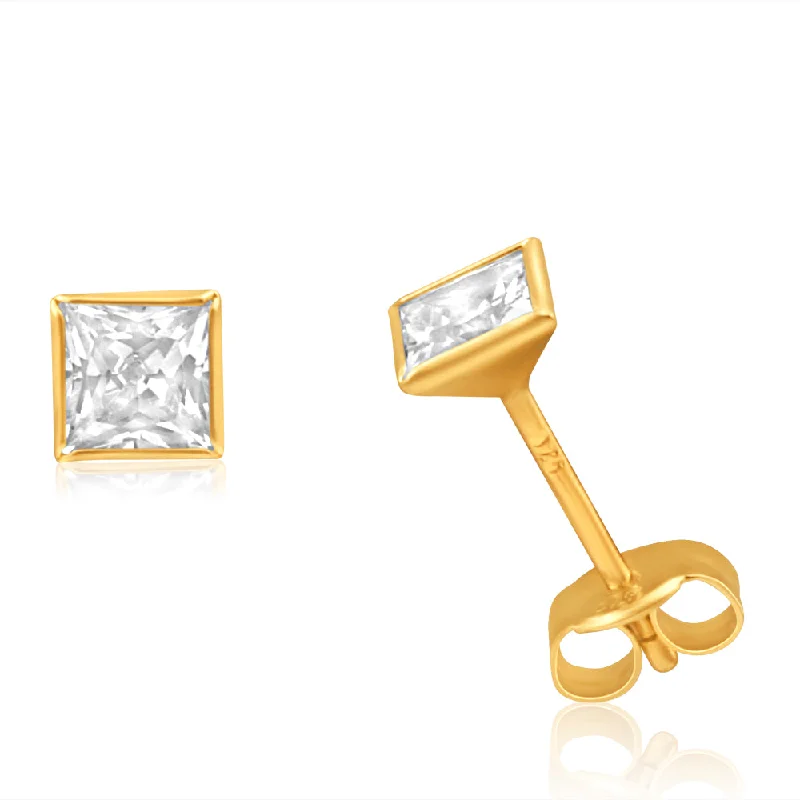 Bohemian Gold Earrings for Women-9ct Yellow Gold Cubic Zirconia 4mm Princess Cut Stud Earrings