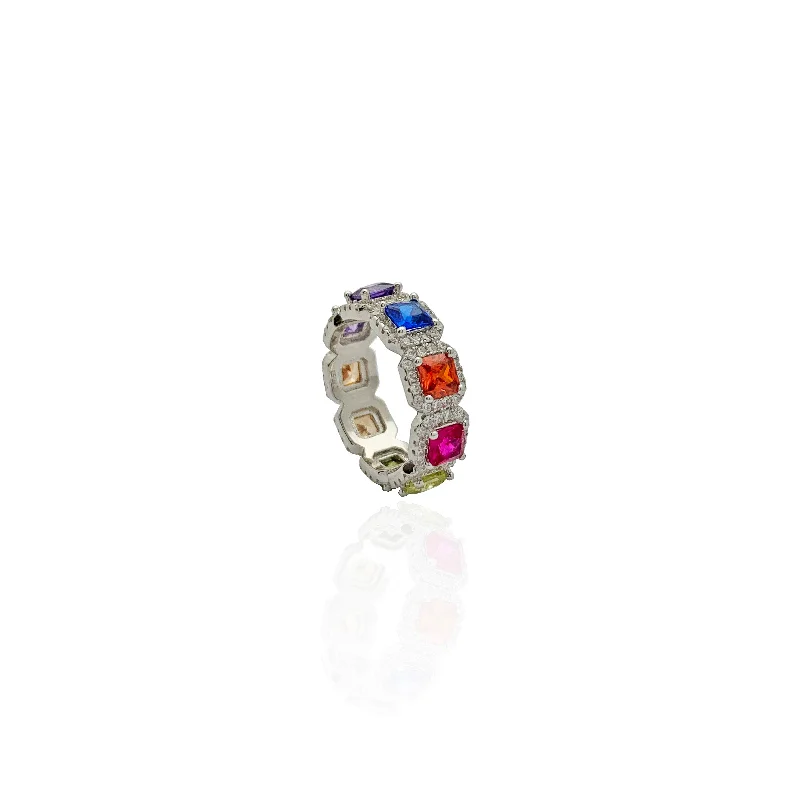 Trendy Geometric Ring Set for Fashion Lovers-Rainbow Halo Stone Eternity Band (Silver)